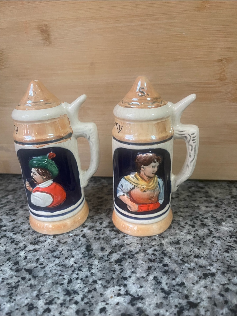 Vintage Ceramic Oktoberfest Stein Salt and Pepper Shakers - Peach and Navy